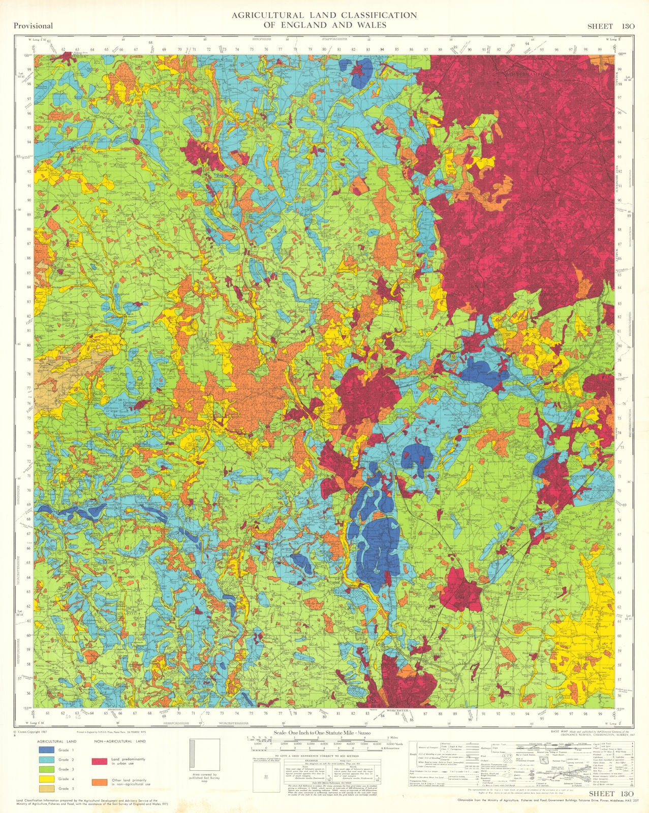 Agricultural Land Classification 130 Mid Severn Plateau Avon Vales Teme 1972 map